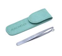 AUSOMTEK Nose Hair & Ear Hair Trimming Tweezers, Eyebrow Grooming Scissors, Eyelash Clipper, Stainless Steel Grooming Scissors, Safe Round-Headed, for Men and Women (Cyan PU Case) (1 Pack)