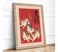 Auspicious Dogs at Play Japandi Framed Wall Art Print A1 Oak