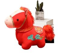 Auspicious Horse Plush, Lunar New Year Toy, 7.87 Inches Mascot with Cloud Print, Red Silk Stuffed Animal, Festive with Golden Ribbon, Gift for Office & Showcase