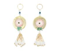 Auspicious Shubh Labh Hanging Evil Eye Bandanwar Door Wall Hanging Indian Traditional decor decorations Festival Handcrafted Valance Religious Showpiece for Home Temple Decor(Size:-5"X2")(Pink)