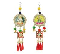 Auspicious Shubh Labh Hangings Laxmi Ganesh Bandanwar Door Round Wall Hanging for Handcrafted Pom Pom with Tassels Valance Home Showpiece for Indian Traditional decor Decorations(Size:-14"X4")
