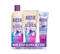 Aussie Oh My Gloss Shampoo & Conditioner Set +Leave in Hair Treatment Serum | Moisture & Shine Booster for Dull Hair, with Jojoba, Safflower & Macadamia Nut Oils. Vegan, Cruelty-Free