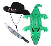 Aussie Outback Costume Accessory Set with Bush Hat, Inflatable Crocodile Float and Bloody Prop Knife - Fancy Dress for Adults