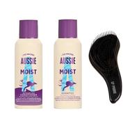 Aussie Travel Size Shampoo and Conditioner Set 100ml Each with Detangler Brush, Mini Moist Hair Care Kit, Hydrating Formula for Brittle & Dry Hair, Australian Macadamia Nut Oil, Vegan & Cruelty-Free