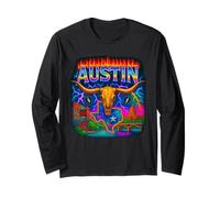 Austin Cityscape Western Steer Skull Texas Map Long Sleeve T-Shirt