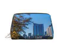 Austin Texas Print Premium Leather Toiletry Travel Pouch with Waterproof Portable Pouch Open Flat Makeup Bag