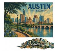 Austin Texas Skyline with Floral Border Jigsaw Puzzle, 500 Pieces | Jigsaw Puzzle: holiday gift for puzzle fans, quiet evening activity.
