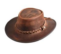 Austrailian Genuine Leather Western Style Cowboy Hat Wide Brim Real Leather Water Resistant Outback Vintage (UK, Alpha, M, Red)
