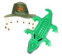 Australia Costume Set - Green Australian Cork Hat with Orange Kangaroo Print and Inflatable Crocodile - Australia Day Commonwealth Fancy Dress Costume Accessory Set