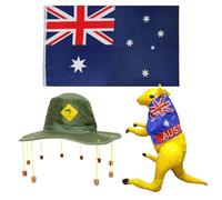 Australia Day Costume Accessory Set - Aussie Flag Cape, Green Cork Hat with Yellow Kangaroo Print and Inflatable Blow Up Kangaroo - Complete Australian Fancy Dress Kit for Outback Themed Parties