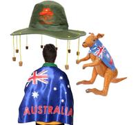 Australia Day Costume Set - Australian Flag, Aussie Cork Hat with Koala Print & Inflatable Brown Kangaroo - Fun Fancy Dress Outfit for Australia Day Parties, BBQs & Sporting Events