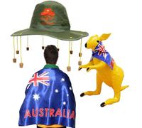 Australia Day Costume Set - Australian Flag, Aussie Cork Hat with Koala Print & Inflatable Yellow Kangaroo - Fun Fancy Dress Outfit for Australia Day Parties & Events