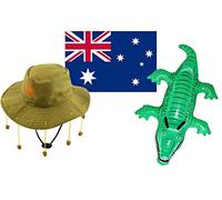 Australia Day Fancy Dress Set - Australian Flag Plus Cork HAT and Inflatable Animals - Adults Australian HAT and Inflatable Kangaroo OR Crocodile OR Shark