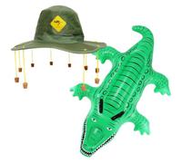 Australia Day Fancy Dress Set - Classic Australian Cork Hat and 70cm Inflatable Crocodile Prop - Deluxe Aussie Theme Costume Accessory Kit for National Holidays and Sporting Events