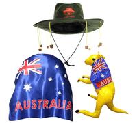 Australia Day Fancy Dress Set Large Wearable Satin Aussie Flag Cape + Cork Hat With Koala Print Emblem + Yellow Inflatable Kangaroo Oz Costume Dundee Football