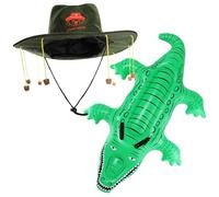 Australia Fancy Dress Set - Australian Cork Hat with Orange Koala Print and Inflatable Crocodile - Australia Day Commonwealth Fancy Dress Costume Accessory Set
