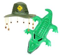 Australia Fancy Dress Set - Australian Cork Hat with Yellow Kangaroo Print and Inflatable Crocodile - Australia Day Commonwealth Fancy Dress Costume Accessory Set
