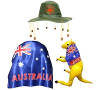 Australia Fancy Dress Set - Australian Flag Cape, Australian Cork Hat and Yellow Inflatable Kangaroo - Australia Day Commonwealth Fancy Dress Costume Accessory Set
