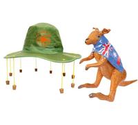 Australia Fancy Dress Set - Australian Flag Cape, Australian Cork Hat with Orange Kangaroo Print and Brown Inflatable Kangaroo - Australia Day Fancy Dress Costume Accessory Set