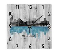 Australia Melbourne Watercolor Skyline Square Wall Clock Melbourne City Silhouette Clock Large Wall Clocks Battery Operated 30 Cm Non-Ticking Modern Home Decor for Kitchen Living Room Bedroom Office