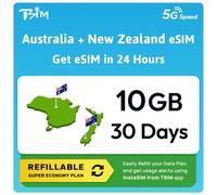 Australia New Zealand eSIM | 10GB Super Saver Refillable Plan! QR Code Sent via Email in 24Hrs - Scan & Use Immediately | Auto Activating 30 Day Validity | Hotspot | Data-Only No Phone Number
