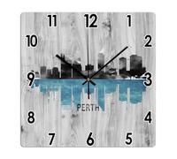Australia Perth Watercolor Skyline Square Wood Wall Clock Perth City Silhouette Battery Operated Silent Non-Ticking Retro Clocks for Restaurant Office & Family Home Decoration 30CM