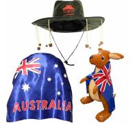 Australian Cork Hat, Kangaroo Inflatable & Aussie Flag Cape Fancy Dress Set