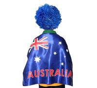 Australian Flag Wearable Australia Flag Cape + Blue Afro Wig Fancy Dress Accessory Set, for Sporting Events & National Days - Pack Of 3