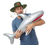 Australian Koala Cork Hat & Inflatable Shark - Green Hat with Print & Hanging Corks & Blow Up Shark Prop Australia Day & Outback Themed Party Hats Fancy Dress Kit