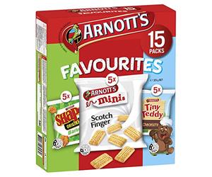AUSTRALIAN MADE ARNOTT’S FAVOURITES MINIS BISCUITS BBQ SHAPES - SCOTCH FINGER - CHOCOLATE TINY TEDDY 15 PACKS 375g