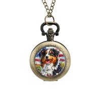 Australian Shepherd American US Flag Pocket Watch Vintage Quartz Pocket Watches with Chain for Men Women Coppery-Style