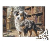 Australian Shepherd Dog Jigsaw Puzzle for Adults 1000 Piece Puzzle Game Library Scene Relaxing Focus Home Decoration 38x26cm/1000pcs