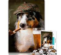 Australian Shepherd Dog Smoking JigsawPuzzle 1000 Pieces for Teenagers,Challenging Family Activity Games DIY Toy for Home Wall Decor Gifts 50x75cm