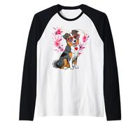 Australian Shepherd Dog Valentine's Day Floral Heart Design Raglan Baseball Tee