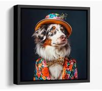 Australian Shepherd in flowery colorful suit Canvas Floater Frame Square Print Picture Art - Black Frame 16 inch wide x 16 inch high