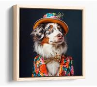 Australian Shepherd in flowery colorful suit Canvas Floater Frame Square Print Picture Art - Light Oak Frame 20 inch wide x 20 inch high