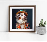 Australian Shepherd in flowery colorful suit Stunning Framed Wall Art Picture Print Square - 25cm wide x 25cm high - Walnut Frame
