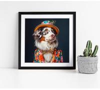 Australian Shepherd in flowery colorful suit Stunning Framed Wall Art Picture Print Square - 45cm wide x 45cm high - Black Frame
