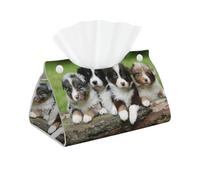 Australian Shepherd Small Puppies Quartet,Long Leather Tissue Box, Decorative Leather Napkin Dispenser, Long Tissue Holder