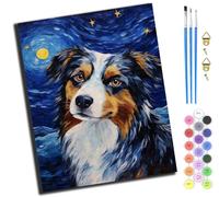 Australian Shepherd Under The Starry Night,Paint By Numbers Kits For Adults,Oil Painting Kits For Beginners On Clear Symbols Colored Canvas,Easy Diy Acrylic Pigment Drawing Gift,40X50Cm,With Frame