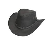 Australian Style Real Leather Hat Black Bush Hat Mens Cowboy Hat with Chin Strap - L