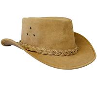 Australian Western Style Real Leather Bush Cowboy Hat Removable Chin Strap UK,M,Tan White stitch