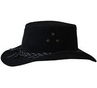Australian Western Style Real Leather Bush Cowboy Hat Removable Chin Strap UK,S,Black White stitch