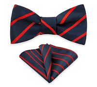 AUSUAYA Self-tied bow tie pocket square set, men's tuxedo self-tied bow tie with handkerchief for wedding party MS-B12, Navy Blue with Red Stripe, One Size