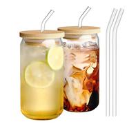 Ausune 2Pcs 500ml Glass Cups with Bamboo Lids and Glass Straws,Reusable Can Shaped Cups Set,for Smoothies, Beer, Cola, Juice, Soda,Cocktails