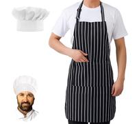 Ausune Adult Chef Hat and Apron Set Adjustable Black and White Stripe Apron with Pockets Chef Uniform for Cooking and Baking Ideal for Restaurants Cafes Hotels and Gift for Cooking Enthusiasts