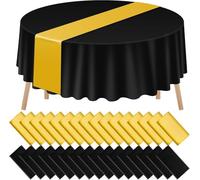 ausurme 16 Pcs Tablecloths and Satin Table Runner, 84'' Round Plastic Tablecloth and 12 x 108'' Runner, Black and Golden Disposable Tablecloth, Table Cover for Birthday Wedding Party Decor
