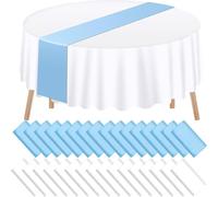 ausurme 16 Pcs Tablecloths and Satin Table Runner, 84'' Round Plastic Tablecloth and 12 x 108'' Runner, White and Light Blue Disposable Tablecloth, Table Cover for Birthday Wedding Party Decor