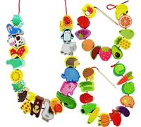 ausurme 46Pcs Wooden Animals Fruits Vegetables String Threading Beads,Include 42Wooden Lacing Beads 4String Ropes,Montessori Toddler Preschool Activities Lacing Toys for Toddlers 3 4 5 6 Year Old
