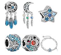 Auswalar 5PCS Sterling Silver Dangle Pendant Charm DIY Beads,Feather Moon Star Dreamcatcher Lucky Charm Bead Pendant,for Bracelet DIY Making Gift